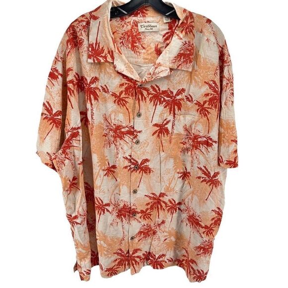 Caribbean Mens Button Up Shirt Pure Silk Palm Tree Short Sleeve Orange Size 3XB - Picture 1 of 9